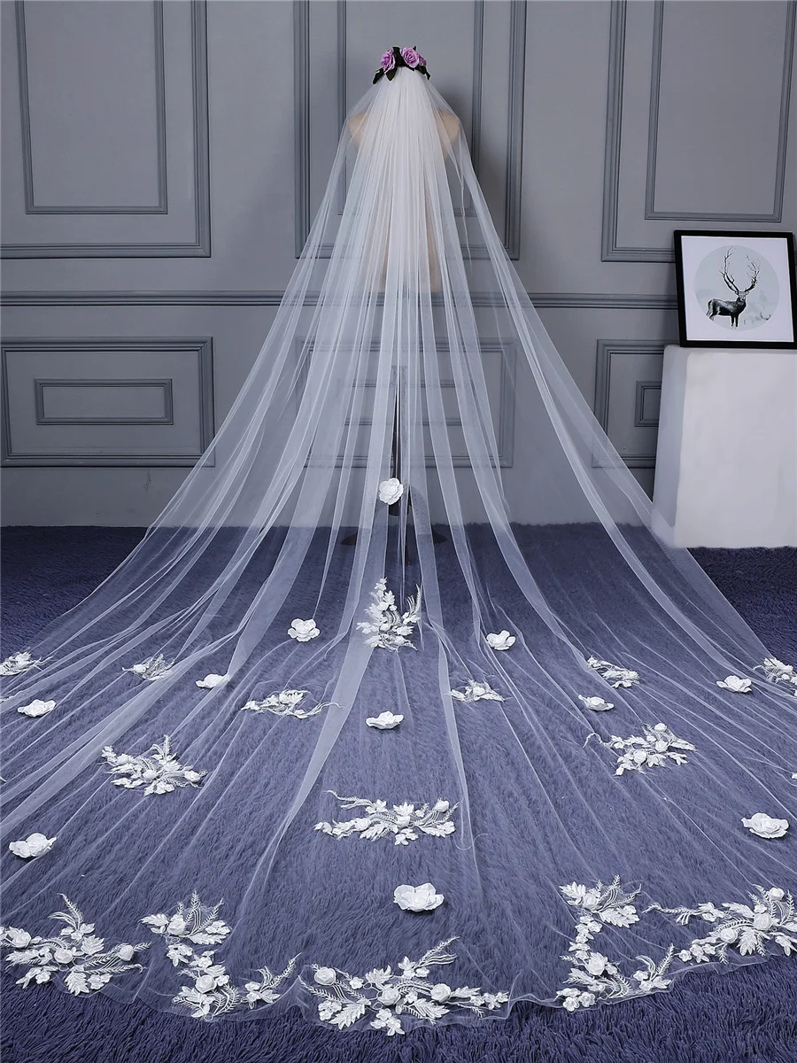 Tanpell Amazing 3D Flowers Appliques Cathedral Wedding Veil One-Layer Ivory Tulle Long Accessories Bridal For | Свадьбы и торжества