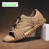 crlaydk soft leather men breathable sandals open toe elastic band handmade fisherman shoes slip outdoor casual walking slippers