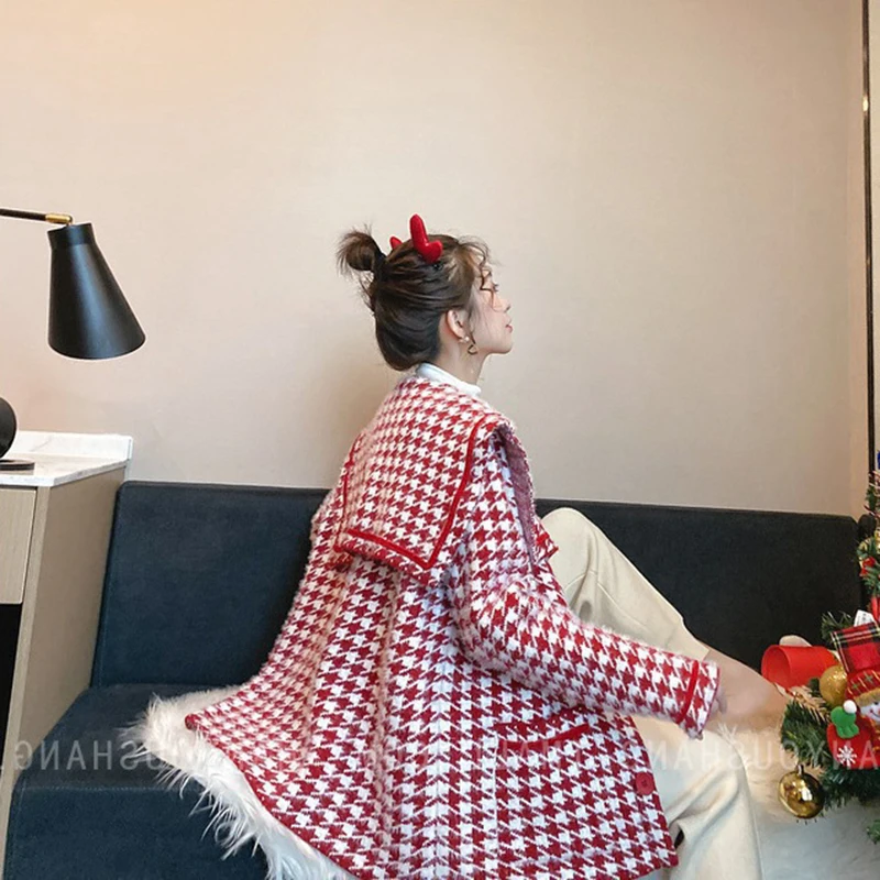 

Sexy Turn-Down Collar Houndstooth Button Woolen Coat Women Elegant Cardigan Soft Knitting Jacket Christmas Red Outwear Warm