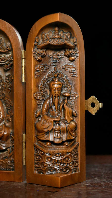 

wedding decoration Chinese Boxwood Wood Carved Taoism Leader TaiShang Laojun Lao-tzu God Statue Box