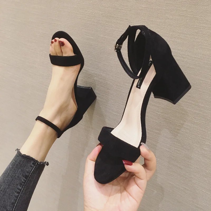 

Women's shoes sandals Korean thick-heeled high-heeled suede round head hollow buckle color matching ladies sandals women sandals