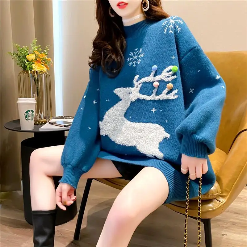 

2020 new autumn and winter collar towel embroidered elk sweater female Korean loose lazy style vintage padded sweater