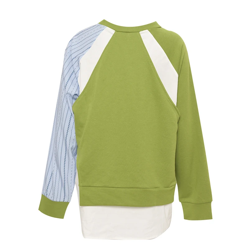 

Loose Fit Green Striped Stitch Sweatshirt New Round Neck Long Sleeve Women Plus Size Fashion Tide Spring Autumn Clothes 2021