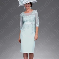 new arrival short pale blue mother of the bride dresses knee length lace jewel neck wedding party dresses with 34 sleeves 2021