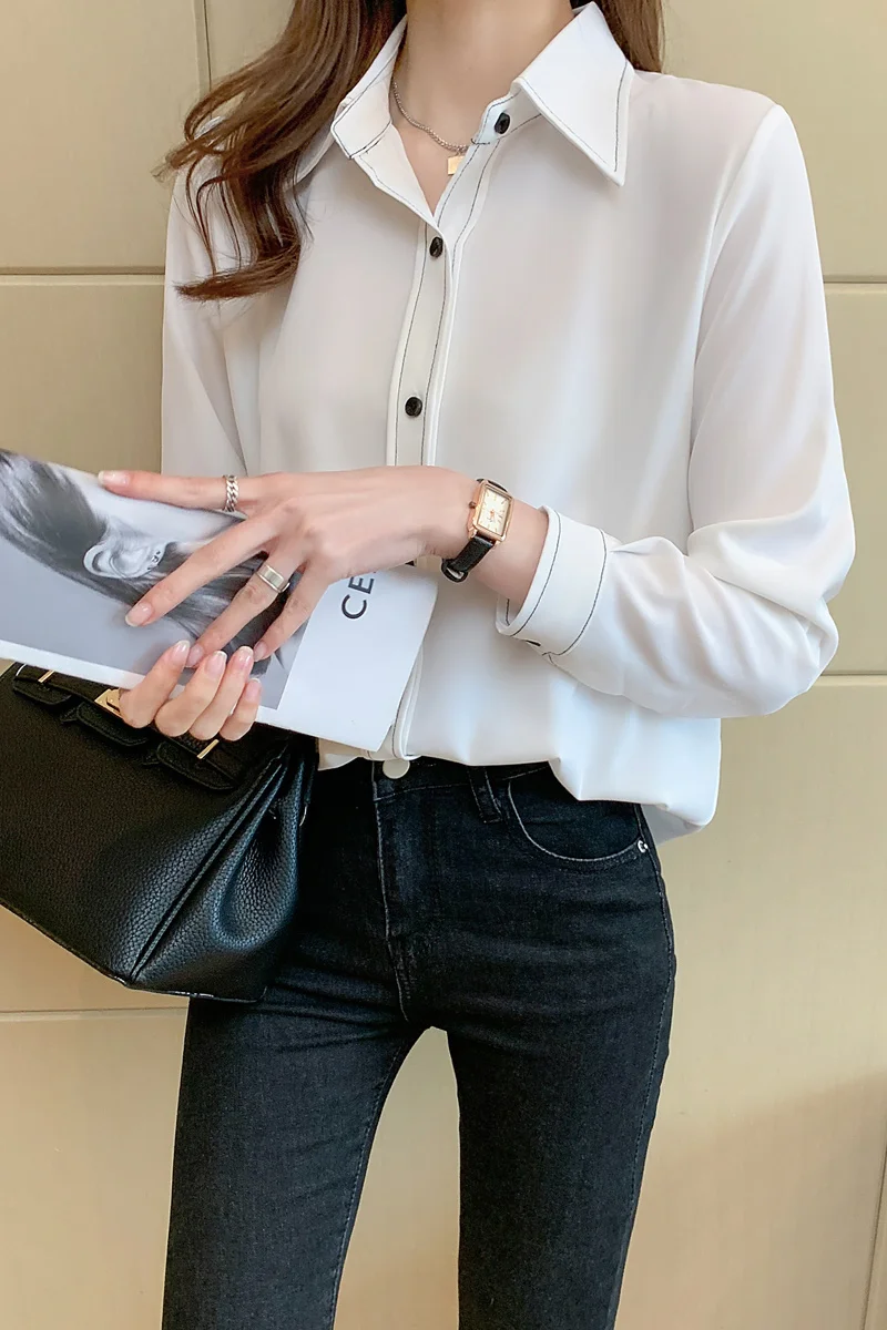 

Houthion Chiffon Loose Women's Blouses Long Sleeve Top New Casual Blouse Fashion Solid Color Buttons Shirt Spring/autumn