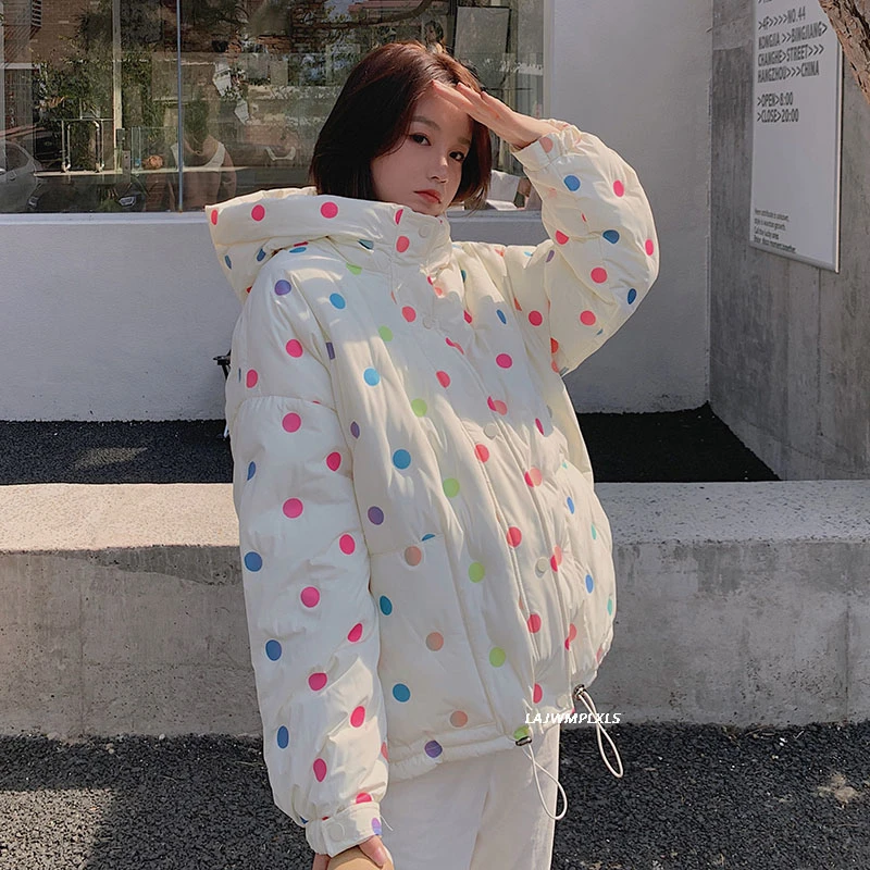 2020 зимнее милое пальто с капюшоном в цветной горошек для девочек женские парки