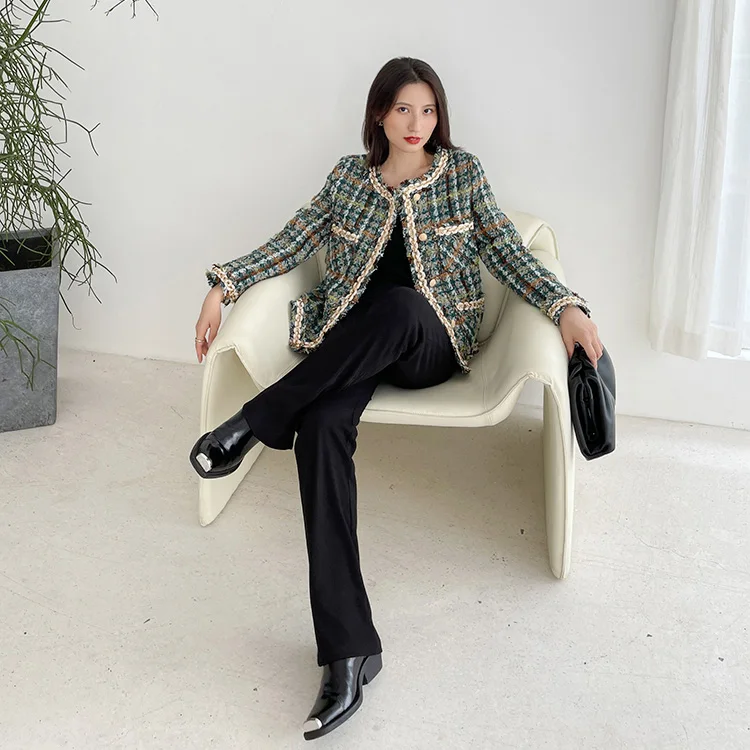 Женская короткая твидовая куртка 2022 Зима Весна Новый элегантный круглый