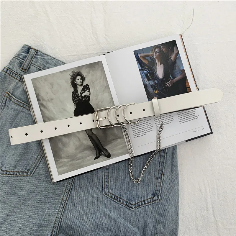 

Punk Women Belts with Chain Silver Buckle Fine PU Leather Waist Strap for Jeans Trousers Casual Black Ladies Female Waistband