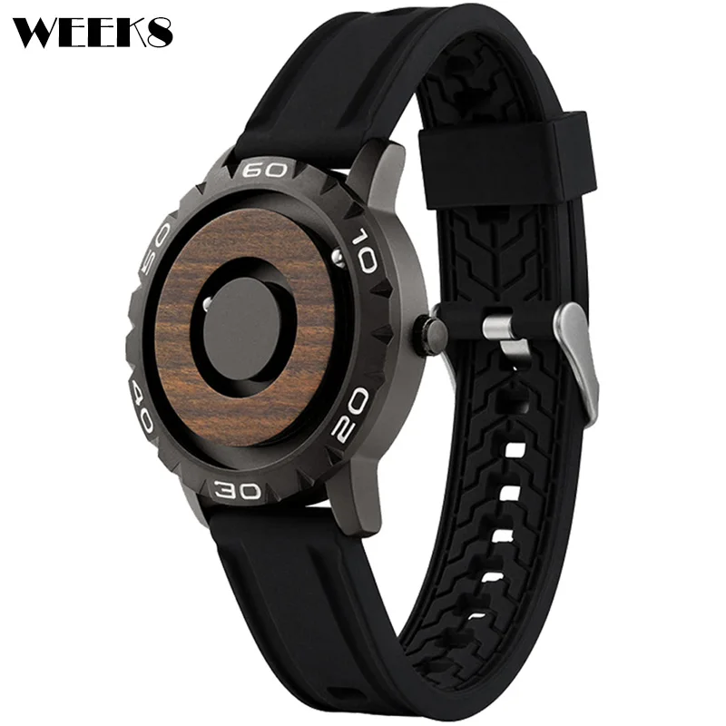 

Cool Man Watch Magnetic Wood Dial Double Ball Parallel Watches Alloy Material Men's Black Sliver Wooden Non Pointer Quartz Watch