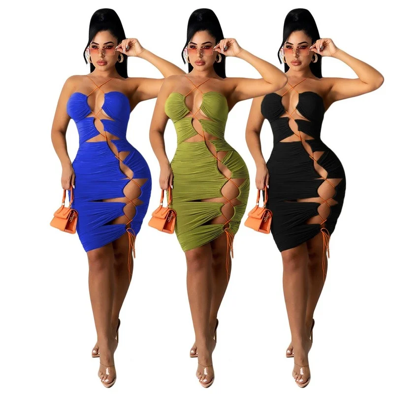 

Sleeveless Backless Bodycon Dresses for Women Club Party Wear Beachwear Hollow Out Bandage One Shoulder Slim Outfit Drawstring