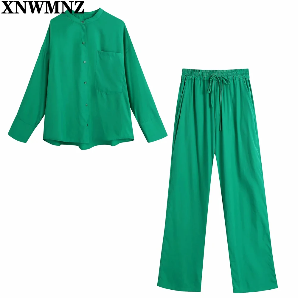 

XNWMNZ Women Simply Solid Green Color Pockets Casual Straight Pants Female Chic Elastic Waist Lace Up Summer Long Trousers