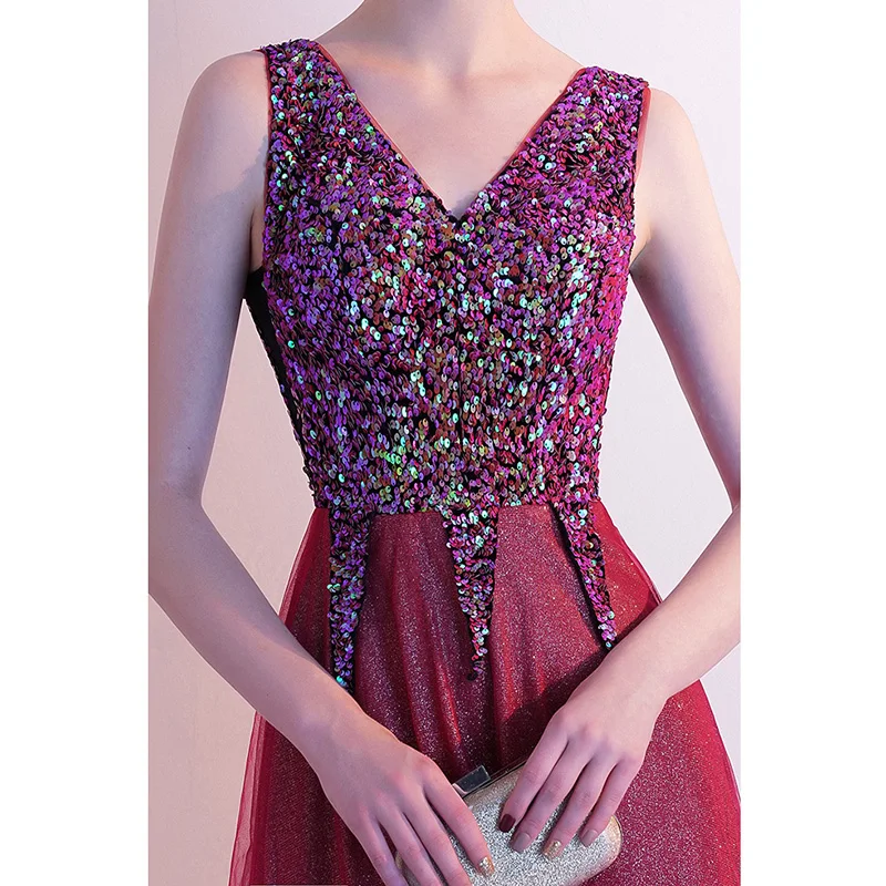 

Sexy Deep V-neck Backless Lady Evening Party Gown Qipao Exquisite Bling Sequins Burgundy Robe De Soiree Full Length Cheongsam