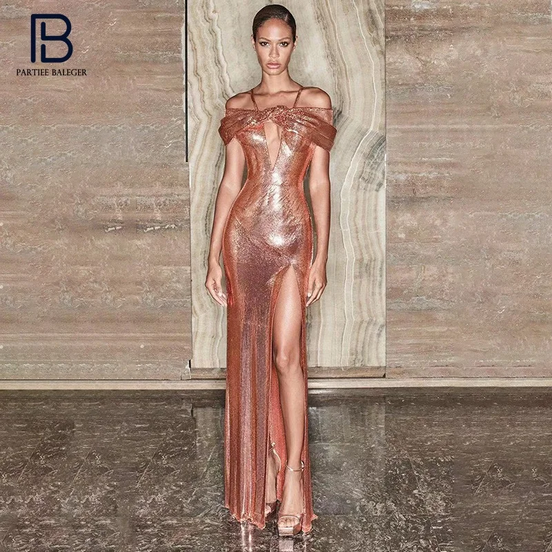 

PB Trendy Gold Sequins Long Dress Sexy Off SHoulder Key Hole Celebrity Party Club Vestido Free Shipping