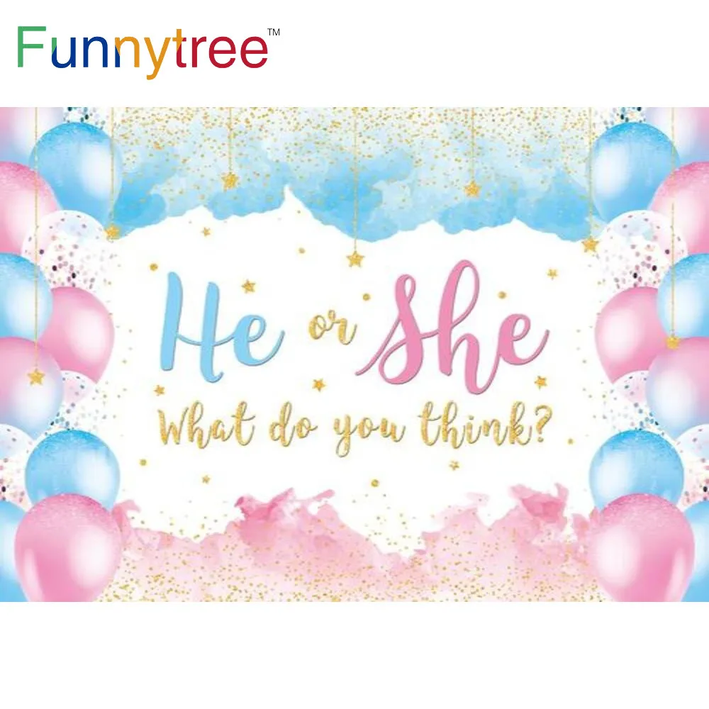 

Funnytree He or She What Do You Think Gender Reveal Party Backdrop Baby Shower Pink Blue Balloon Gold Stars Dots Background