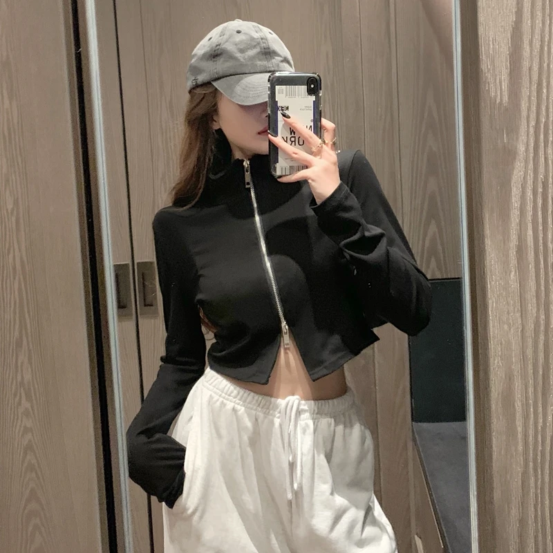 

2020 autumn new high-neck slim top cropped women's long-sleeved cardigan thin short coat