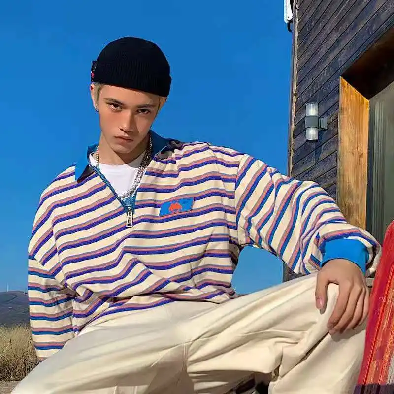 Полосатая толстовка на молнии пуловеры с воротником-поло Свитшот оверсайз