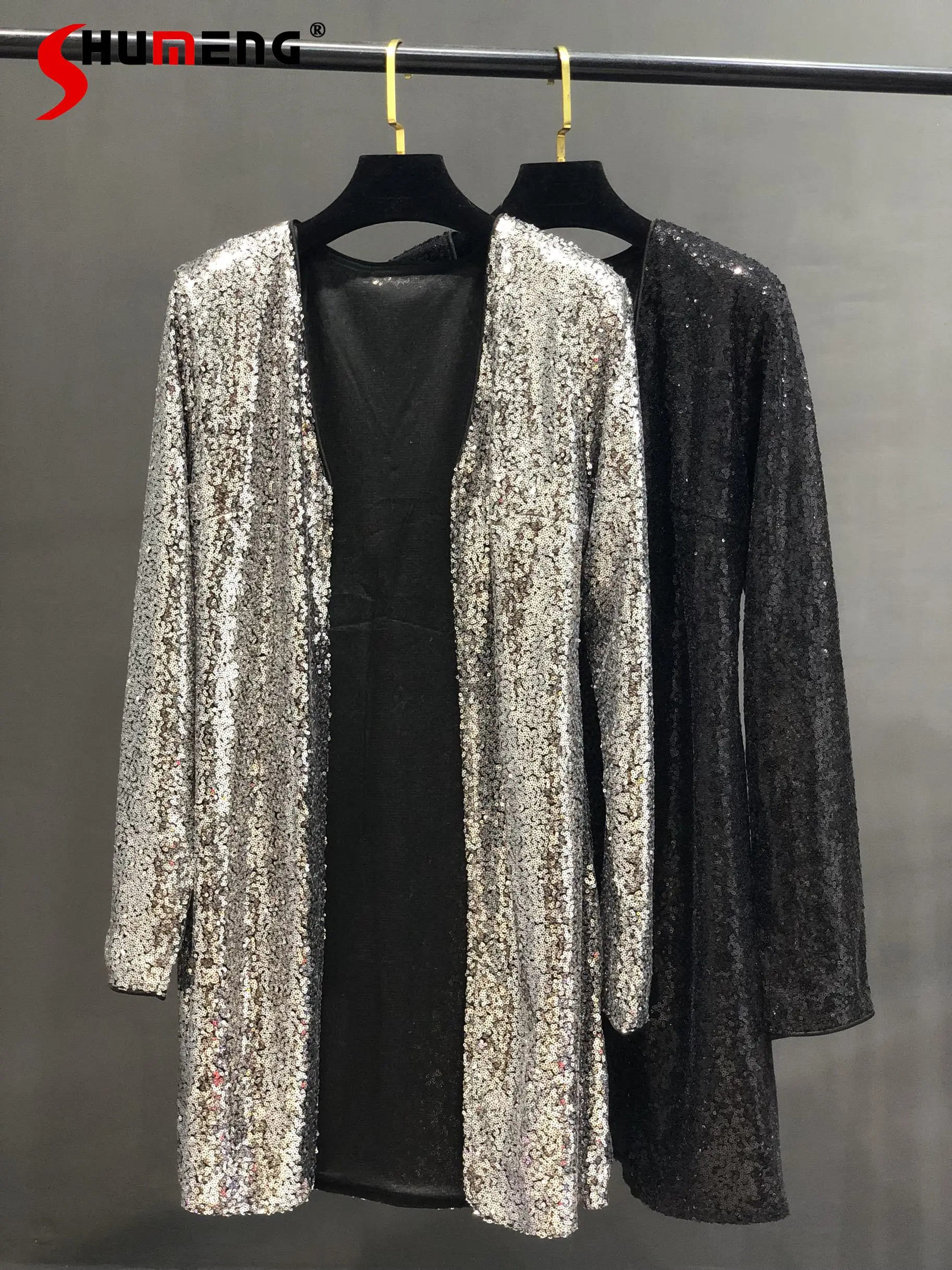 

2022 Spring Korean Style Personalized Fashion Sequins Mid-Length Coat Elelgant Slim V-neck Business Suit Tailored Long Cardigan