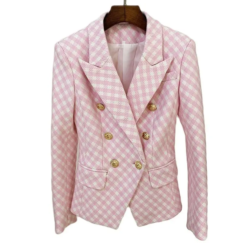 

2021 Autumn New Arrival European American Style Top Quality Double Breasted Elegant Casual Plaid Jacket Blazer for Woman