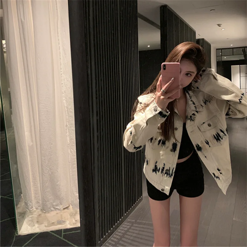 

Cowgirl Coat 2021 White Tie Dye Vintage Long Sleeve Slim Denim Jacket Women's Spring Autumn Korean Style Loose BF Fashion Jacket