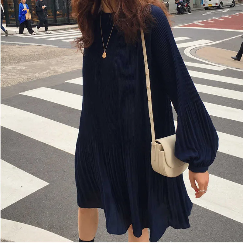 

2021 New Korean Summer Fashion Elegant Solid Color Women Vacation Dresses Lantern Sleeves Pullover Loose Chiffon Pleated Dress
