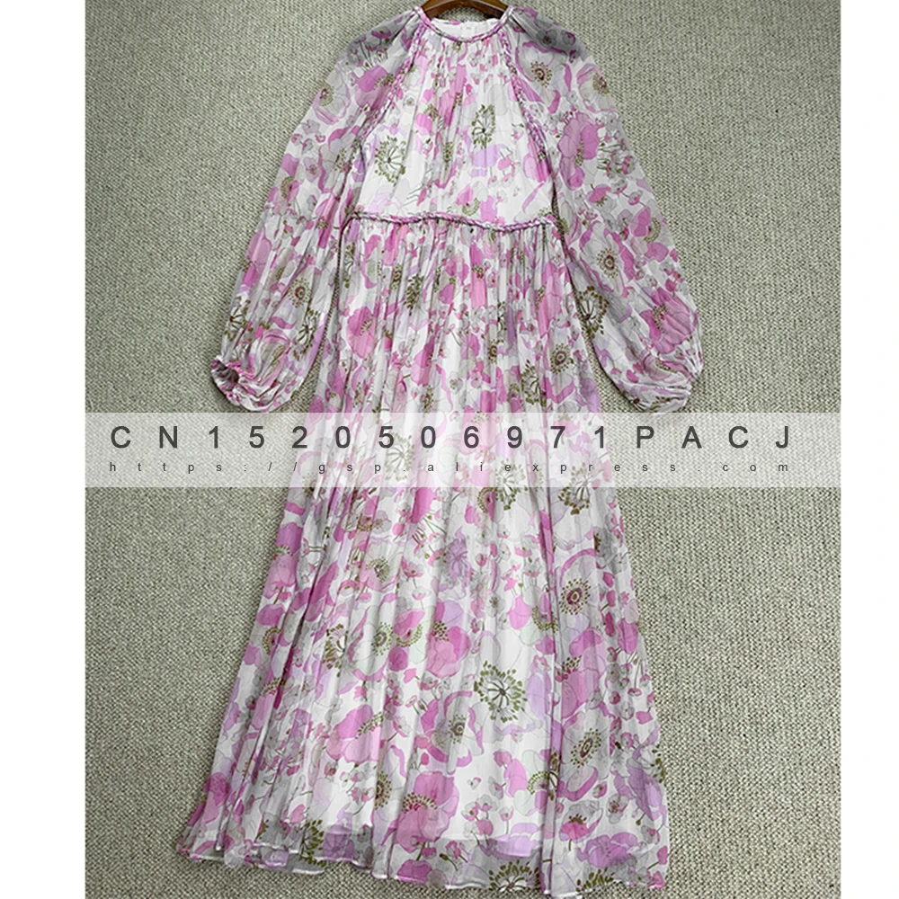 Длинное шелковое розовое платье с пышными рукавами и поясом | Женская одежда