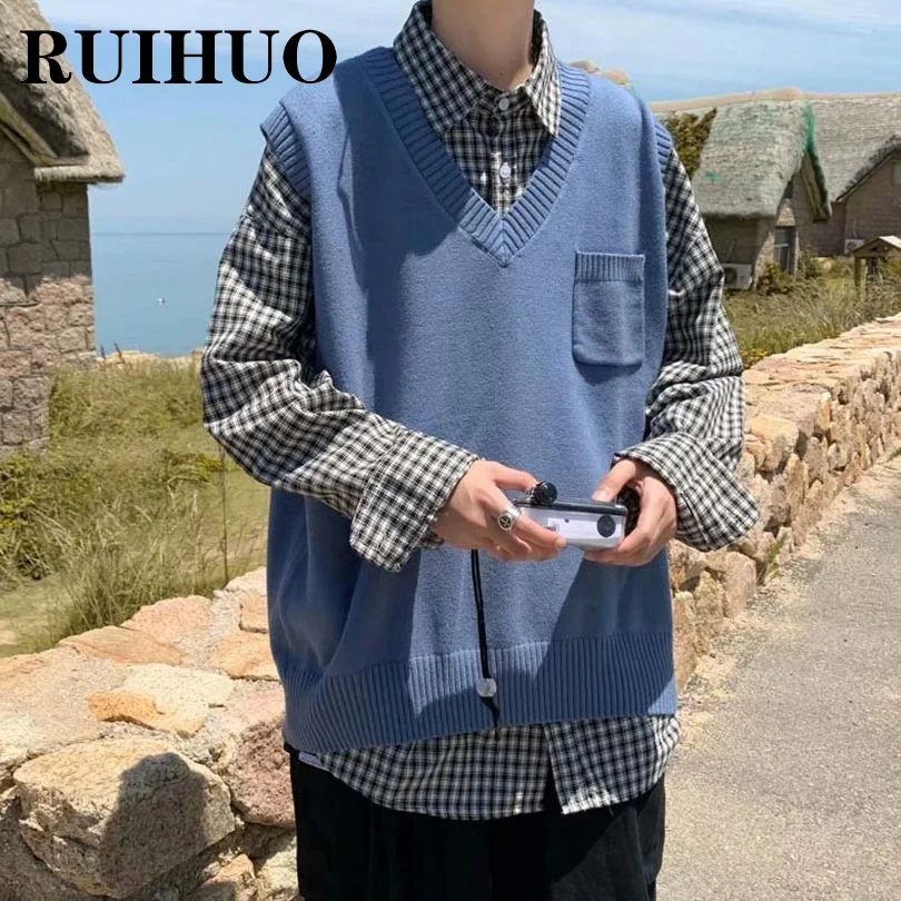 

Синий вязаный свитер RUIHUO, жилет, Мужская одежда, вязаный жилет, мужской свитер, пуловер, винтажная одежда, трикотажная одежда в стиле хип-хоп,...