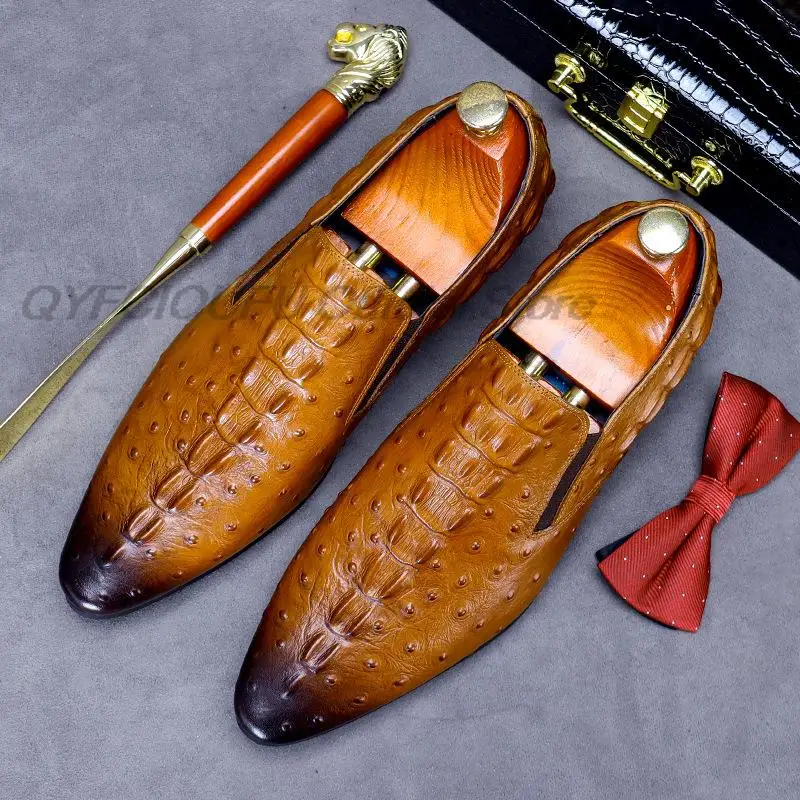 Spring Autumn Mens Penny Loafers Genuine Leather Black Brown Slip On Mens Crocodile Dress Shoes Wedding Casual Business Shoes felix chu autumn genuine leather handmade black green mens loafers with tassel man dress shoes wedding moccasin party footwear