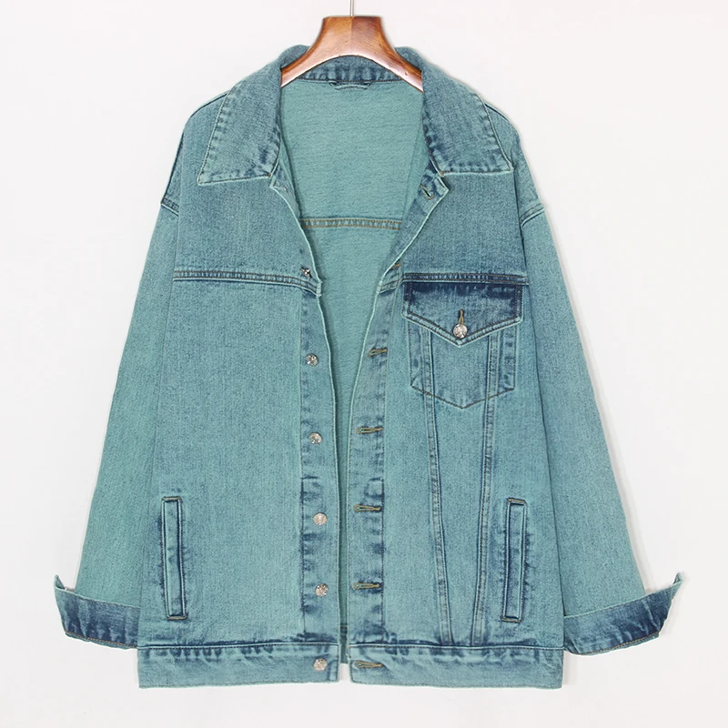 

Spring Autumn Korean Light Green Mid-length Denim Jacket Women Loose Casual Loose Outerwear Long Sleeve Jeans Jacket Coat Female