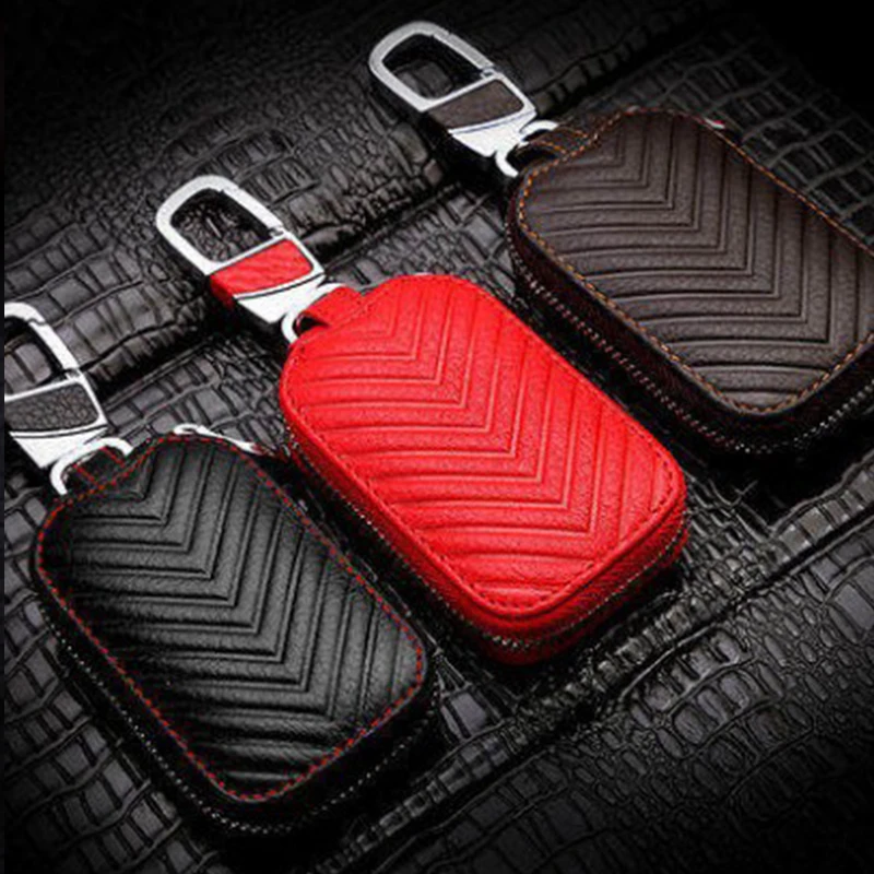 

Genuine Leather Key Wallet High Quality Fashion Stripe Men Car Key Bag Simple Solid Color Home Storage Female Coin Change Wallet