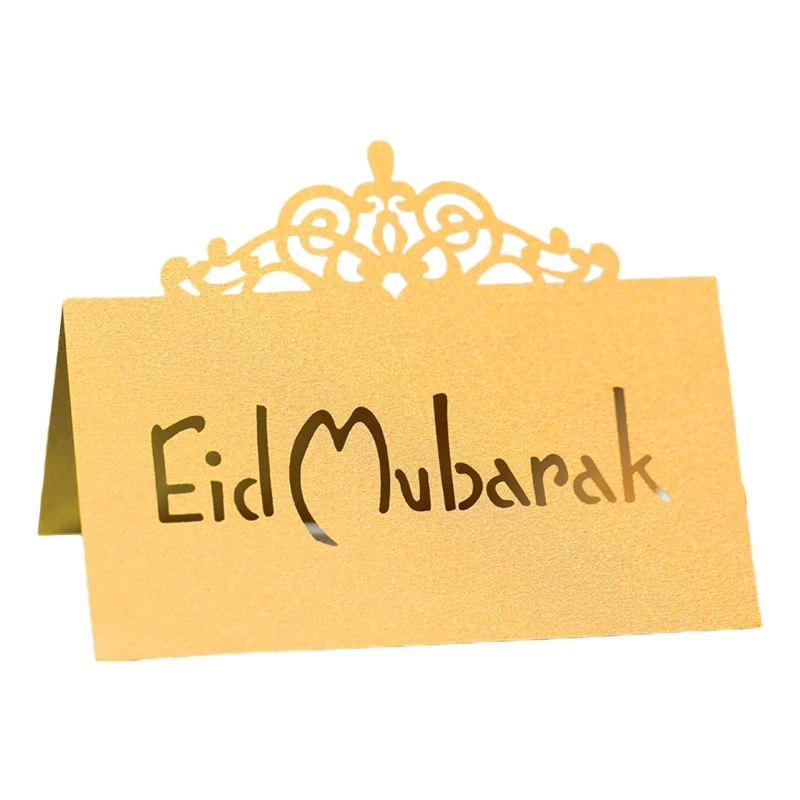 

100Pcs 3D Floral Crown Eid Mubarak Table Card Ramadan Kareem Hollow Out Letters Paper Placecard Muslim Party Decoration