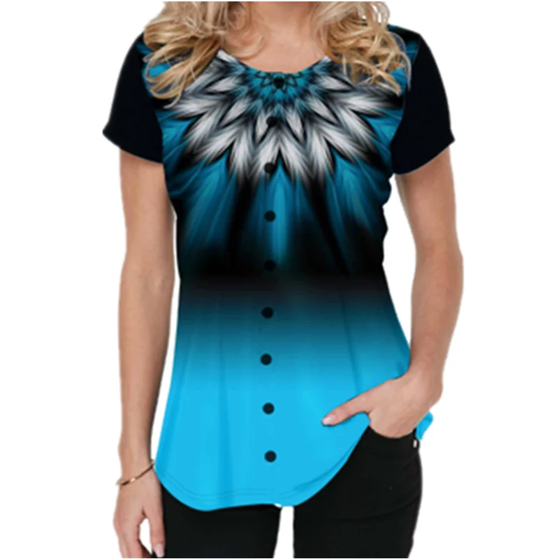 

Summer 2021 women's round neck 3D gradient printing short sleeve loose button T-shirt Palestine plus size S-5XL plus size woman