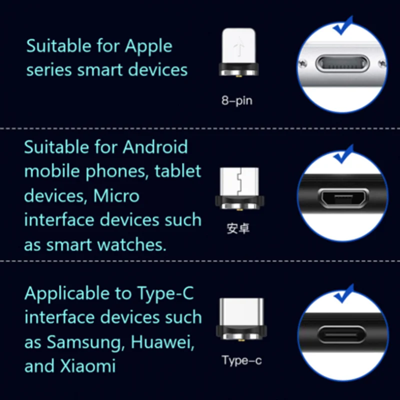 Магнитный кабель для зарядки данных Type C Micro USB Samsung Huawei Xiaomi мобильного телефона