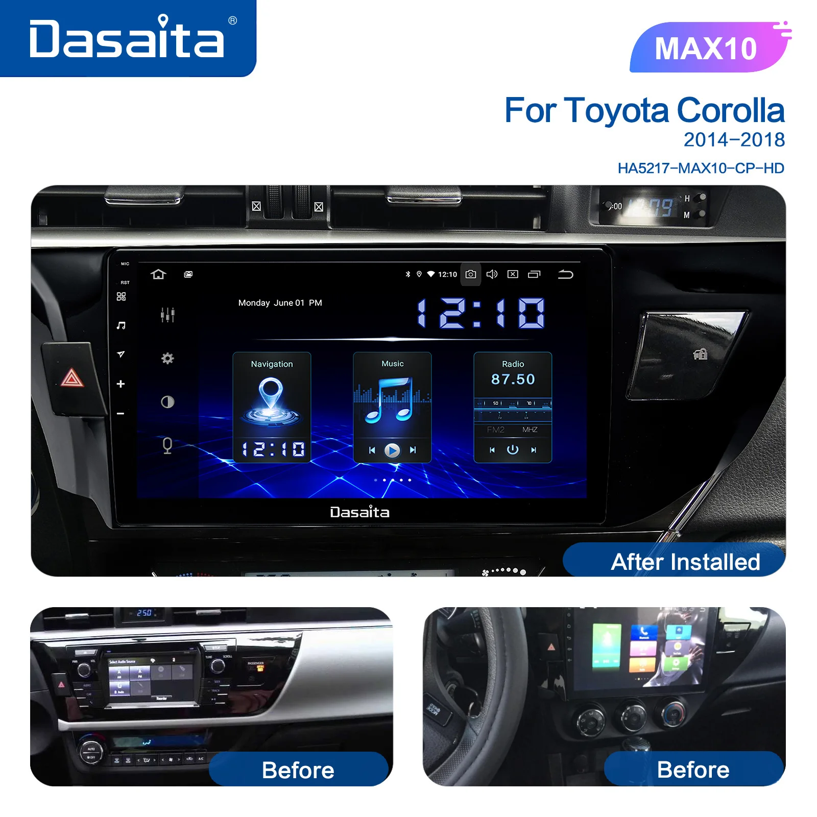 Мультимедийный автомобильный плеер Dasaita 10.2" Android 10 для Toyota Corolla 2014 2015 TDA7850 с мультитач-экраном 4 ГБ 2дин без DVD.