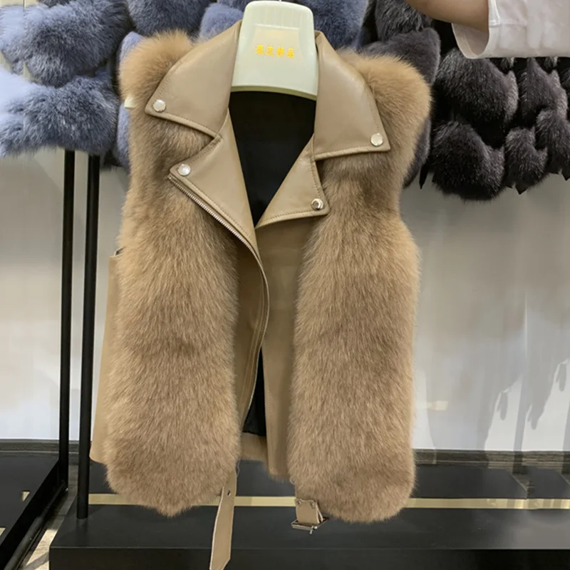 

SHZQ новинка, Модный женский жилет, жилет из натурального меха лисы, женский жилет с рукавом из натурального меха, модное пальто из овечьей кож...