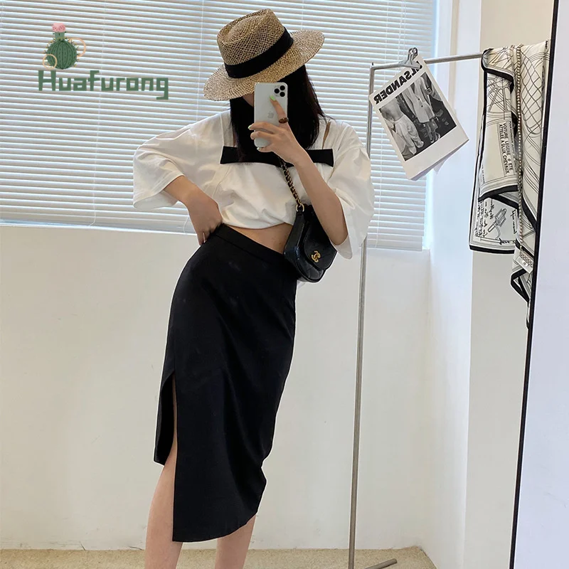 

2021 Summer New Skirt Black Irregular Hem Women's High Waist Mid-length Split Skirt High Street
