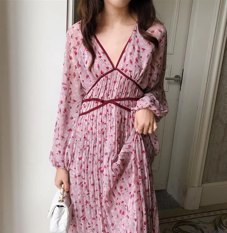 Осеннее романтическое женское шифоновое платье с цветочным принтом сексуальное