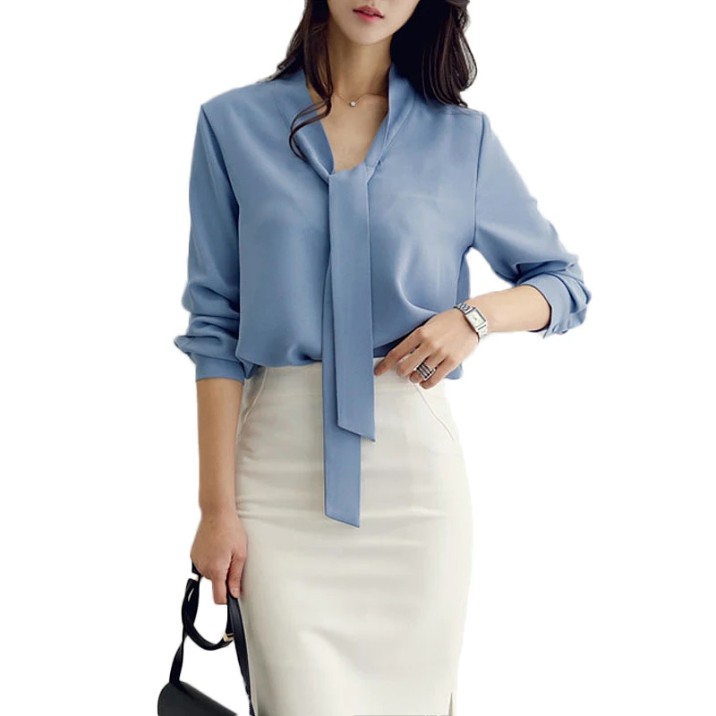 2019 Летний Новый шифон Женщины блузка с длинными рукавами и бантом офис леди белые