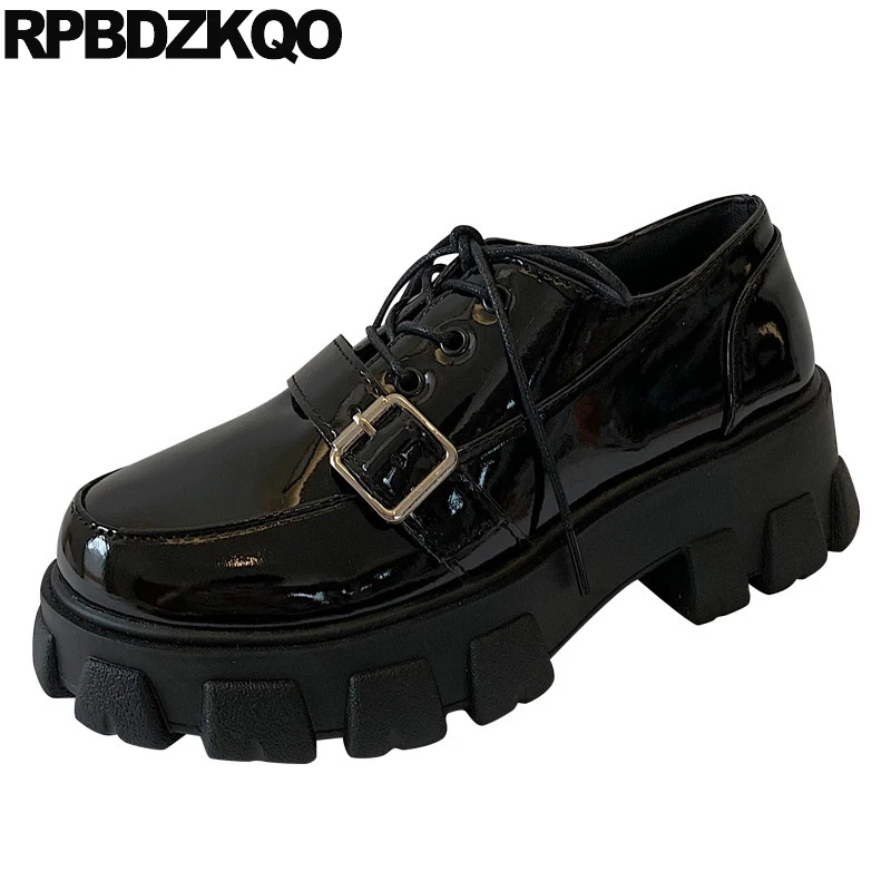 

Patent Leather Black Designer Women China Cheap Shallow Elevator Lace Up Creepers Platform Shoes Muffin Round Toe Thick Sole