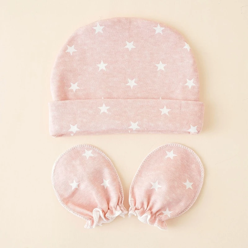 

Stars Printed Baby Gloves Hat Set Soft Cotton Mittens Beanie Nightcap Kit for Infant Newborn