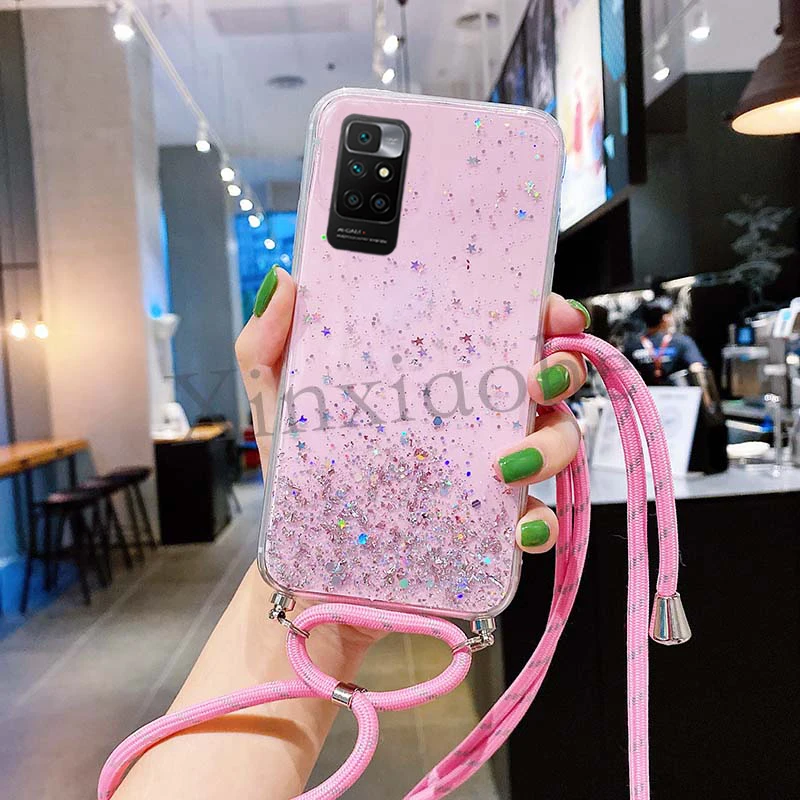Phone case For Redmi 10 Style Lanyard Bling Glitter Soft Tpu Transparent Cover | Mobile Cases & Covers