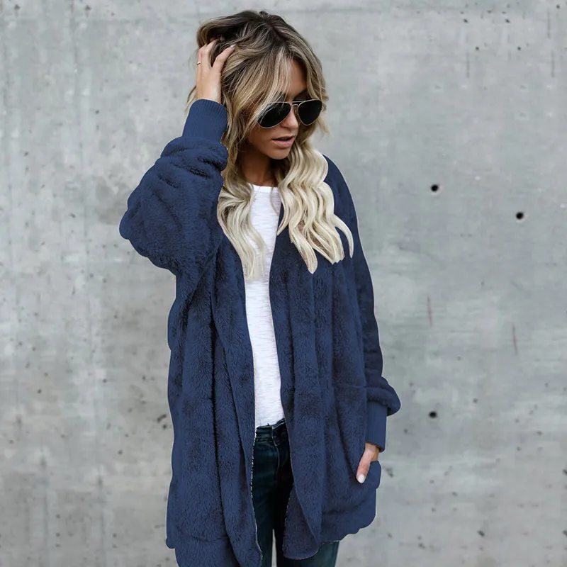 blue Зимние пальто и куртки из искусственного меха для женщин, модный длинный кардиган с капюшоном, повседневные женские куртки размера плюс, женские пальто - Цвет: blue
