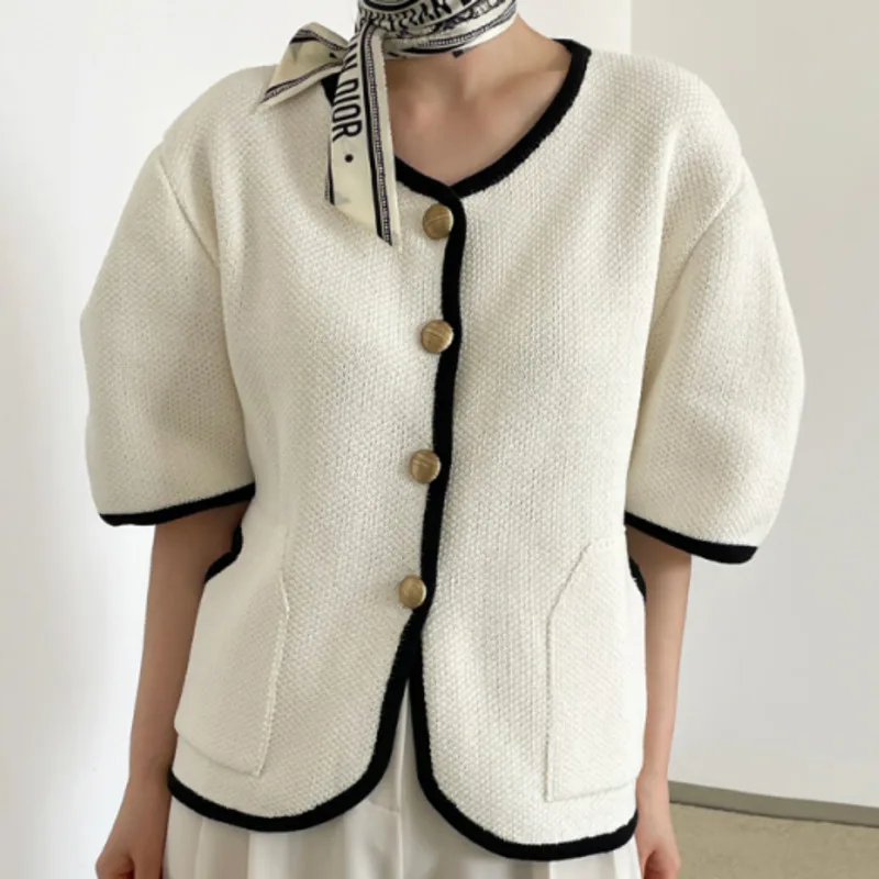 

Casual Loose Double Pockets Jacket New V-neck Short Sleeve Women Single Breasted Thin Ice Silk Knitted Coat Fashion Summer 2021