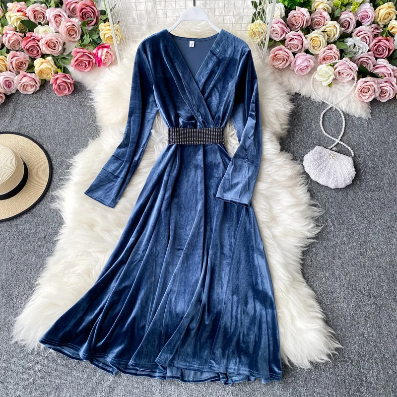 Женское велюровое платье в стиле ретро осенне-зимнее платье-трапеция с V-образным