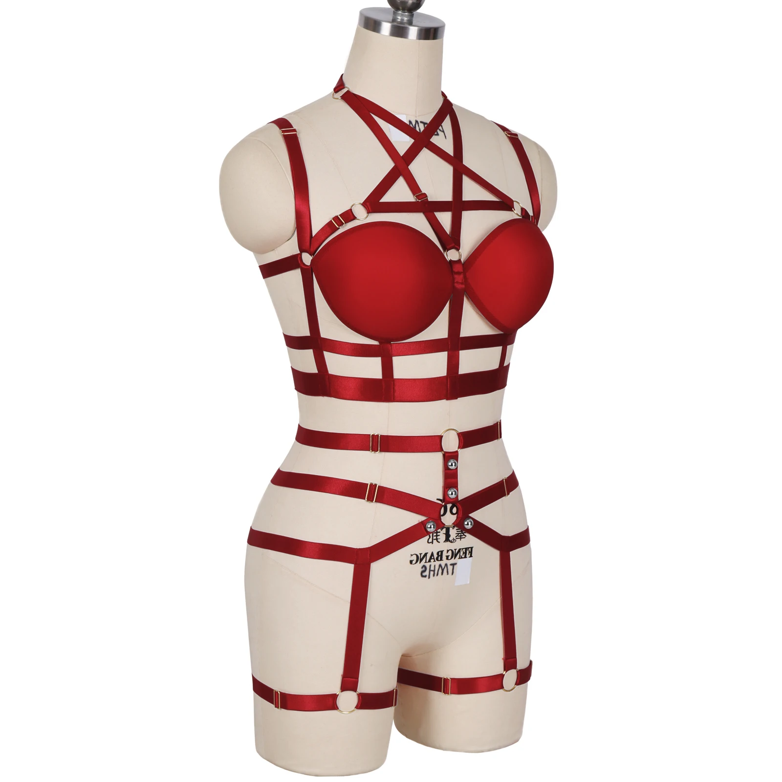 Винно-красный женский комплект нижнего белья с пентаграммой бондаж ягодицы