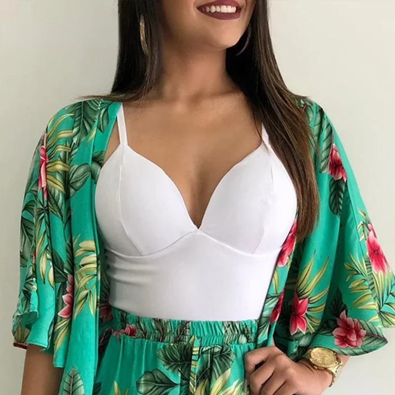 

Women Tropical Print Half Sleeve Cover Up & Short Sets Summer Suit