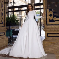 smileven satin princess wedding dresses long sleeve backless caftan elegant bride dress vestido de noiva muslim wedding gowns