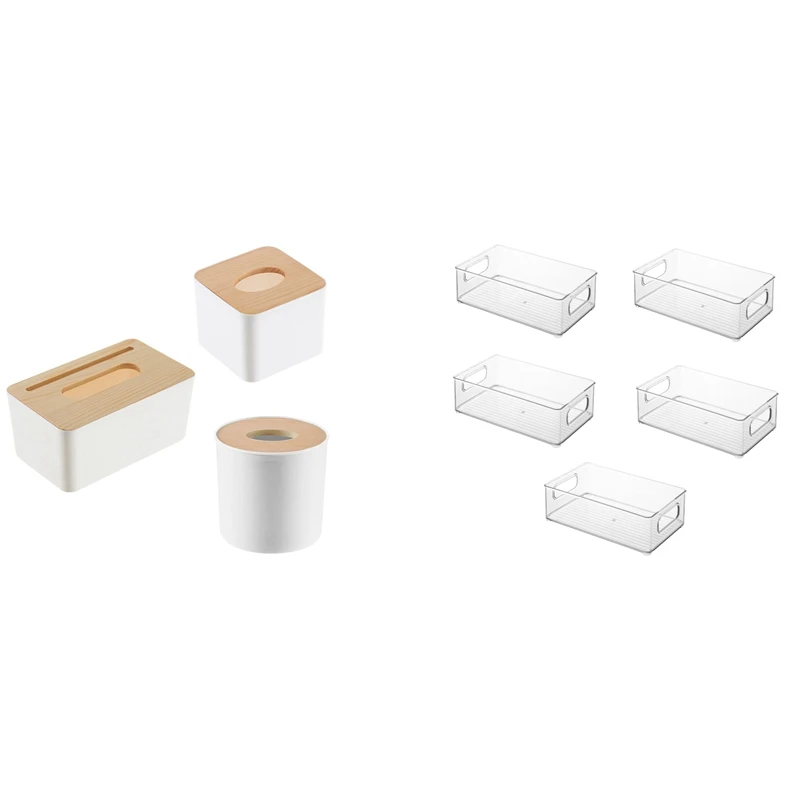 

Home Kitchen Tissue Box Solid Wood Napkin Holder Case & Refrigerator Organizer Bins with Cutout Handles