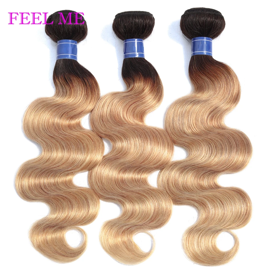 FEELME 1b/27 Body Wave Peruvian Hair Weave Bundles Two Tone 3/4pcs Ombre Body Wave Human Hair Extensions For Black Women Remy