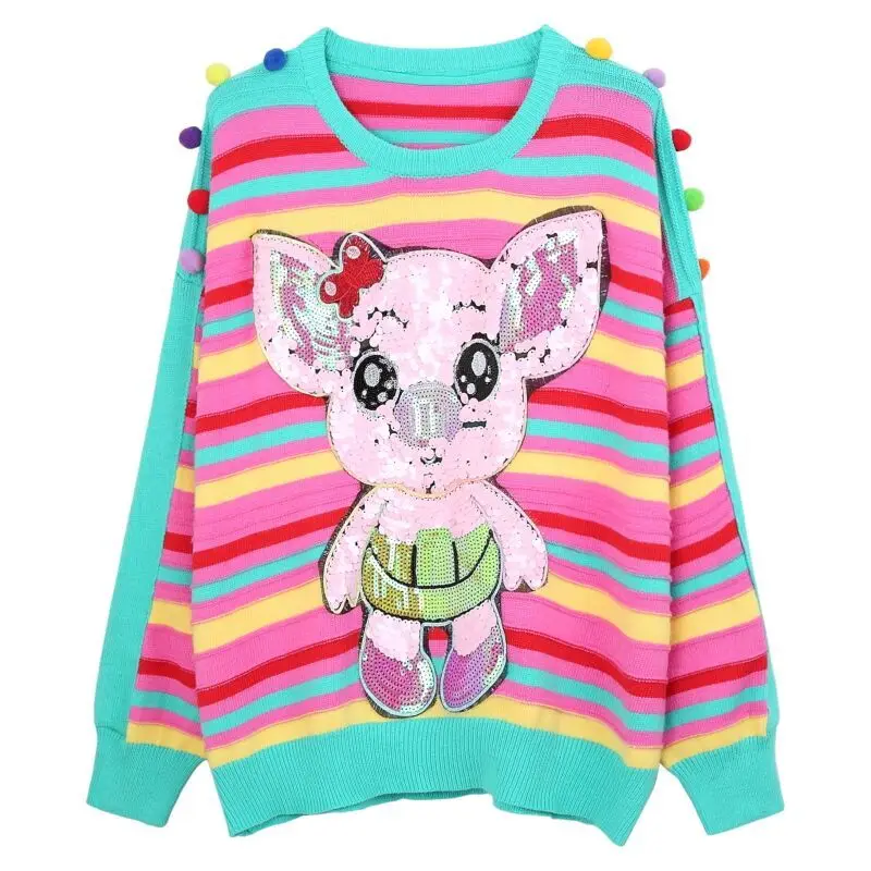 QING MO Радужный полосатый Женский пуловер свитер 2019 женский зимний с животными