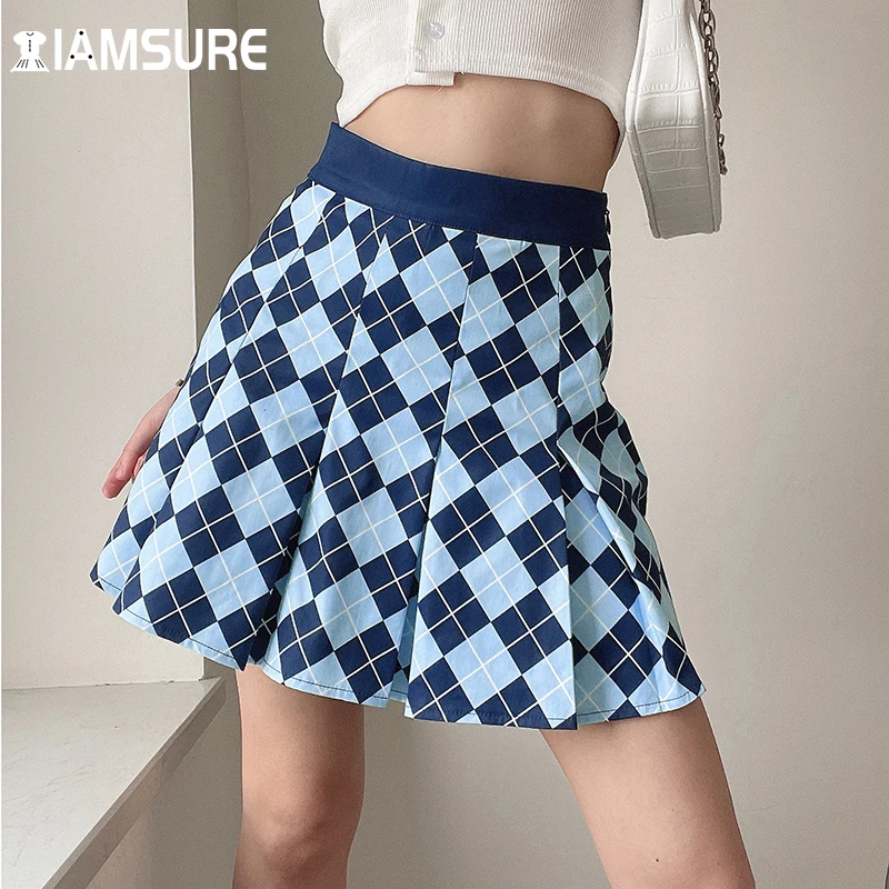 

IAMSURE Preppy Style Argyle Plaid Pleated Skirt With Shorts Y2K Aesthetic High Waisted Mini Skirts Women 2021 Fashion Casual 90S